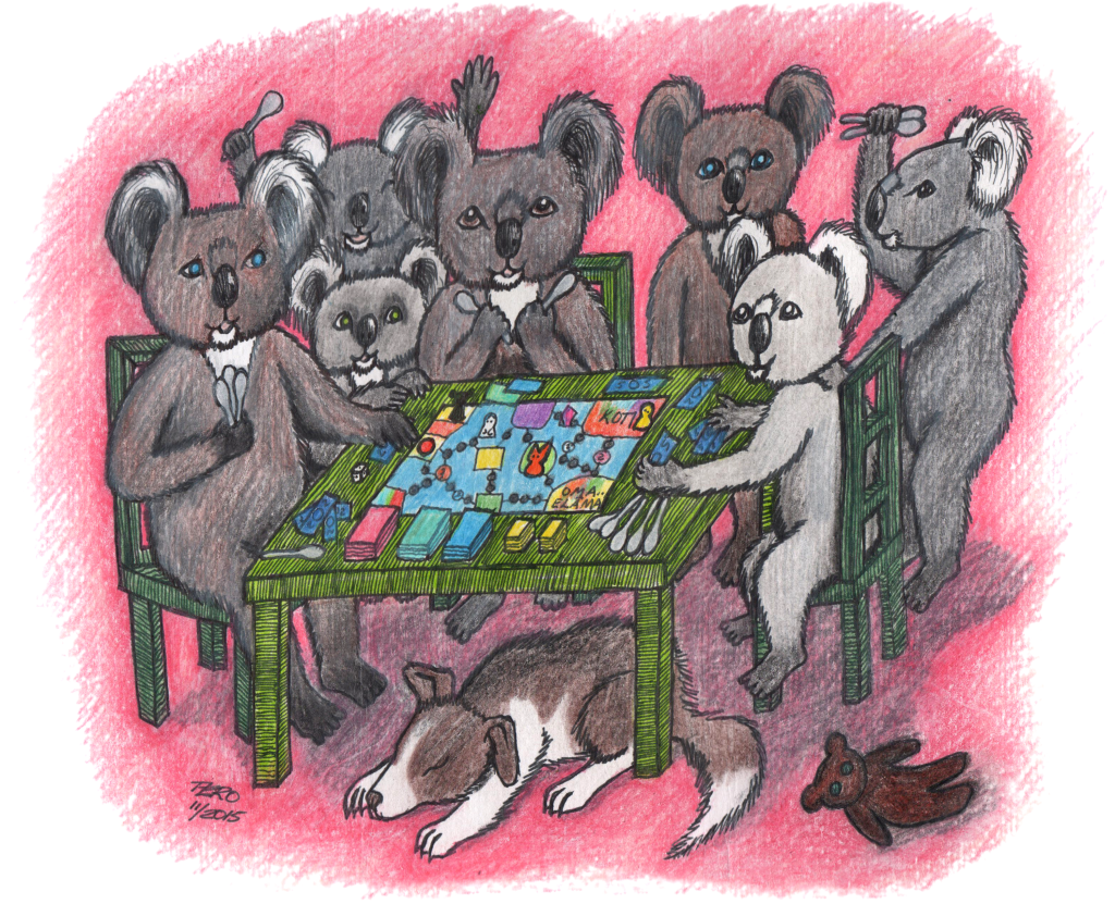 Piirretty kuva joukosta koalakarhuja pelaamassa lautapeliä. Monilla on kädessään lusikoita. Pöydän alla nukkuu koira.