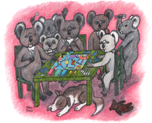 Piirretty kuva joukosta koalakarhuja pelaamassa lautapeliä. Monilla on kädessään lusikoita. Pöydän alla nukkuu koira.